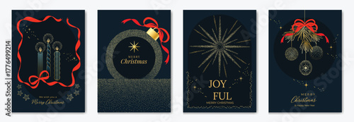 Happy New Year and Merry Christmas poster vector set. Navy blue and gold badges, labels, bells and snowflake ornaments. Suitable for greeting cards, posters and digital media.