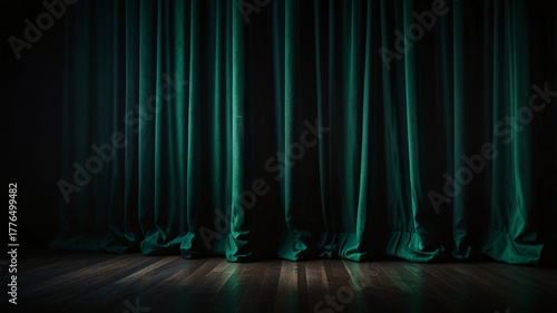 Dramatic Emerald Green and Black Theater Curtain, Cinematic Mood V6