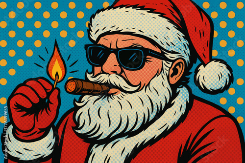 Santa Claus wearing sunglasses and lighting a cigar, with retro pop art background elements. Generative ai vector colorful pop art illustration.