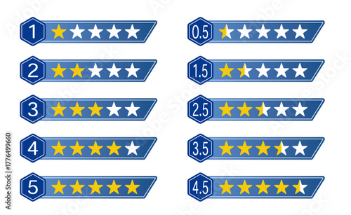 青と黄色の星評価アイコンセット（0.5〜5段階・レビュー・レーティングバー）