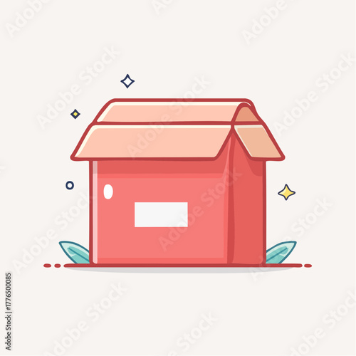 Coral Pink Cardboard Box With Open Lid And A Blank White Label Surrounded By Small Green Leaves And Sparkles On A Light Cream Background