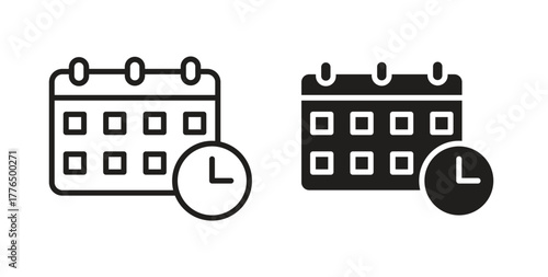 Calendar clock icon glyph and line set thin line symbol concept.