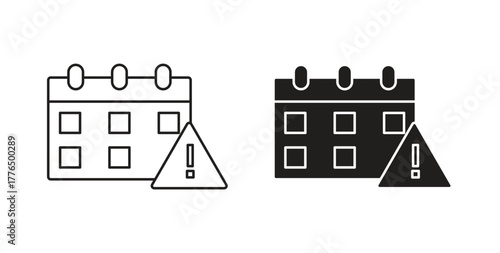 Calendar exclamation icon glyph and line set thin line symbol concept.