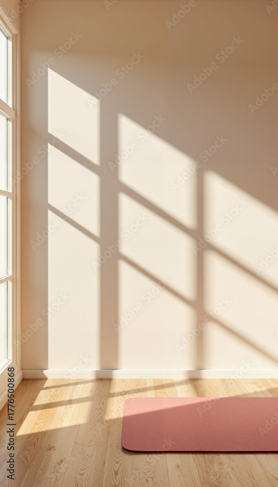 Fototapeta premium Minimalist yoga room with wooden floor and soft light shadows, copy space 