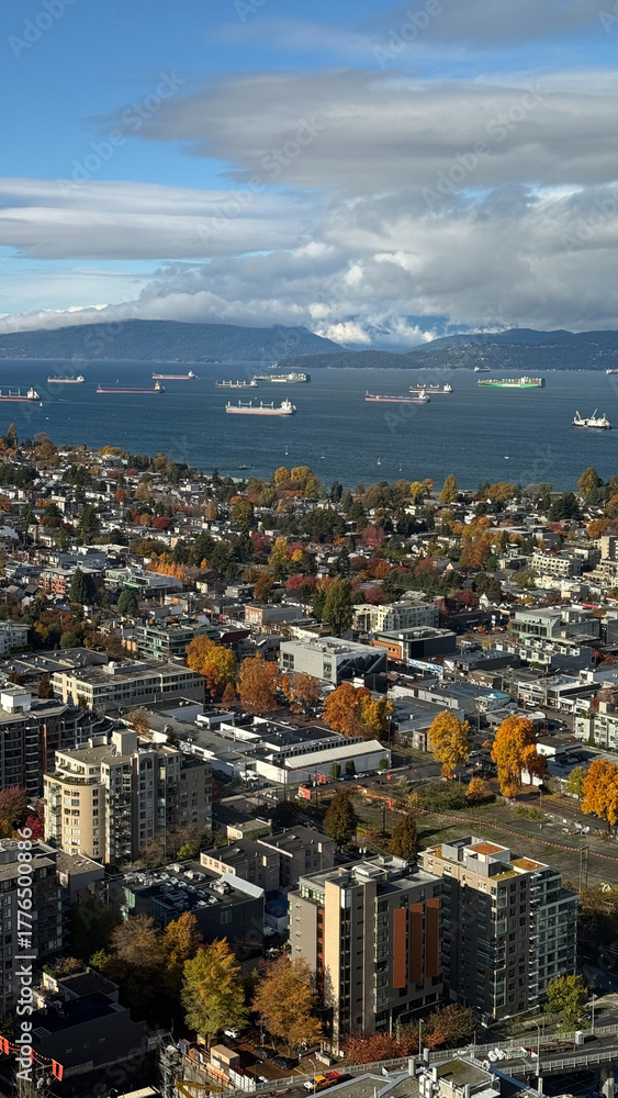 Fototapeta premium Aerial View of Kitsilano and Burrard Inlet in Vancouver, British Columbia Canada