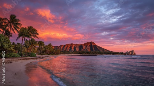 Diamond Head Sunset. Beautiful Hawaiian Beach at Waikiki with Coconut Palms and Colourful Sky