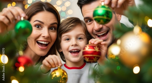 Family of woman, man, and child decorating Christmas tree with ball. Happy holiday season celebration and festive winter tradition.