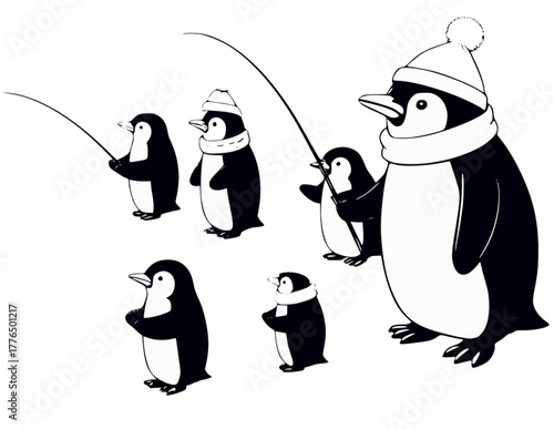 Winter Penguin Family Ice Fishing Illustration