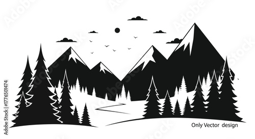 Dramatic mountain landscape with silhouetted trees and a winding river