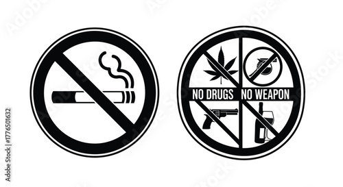 Prohibition symbols depicting no smoking drugs or weapons allowed