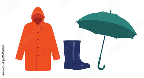 Rainy day essentials a raincoat boots and protective umbrella displayed