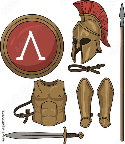 Spartan Warrior Armor Set Vector Illustration – Lambda Shield, Helmet Crest, Spear, Sword, Cuirass, and Greaves Ancient Greek Hoplite