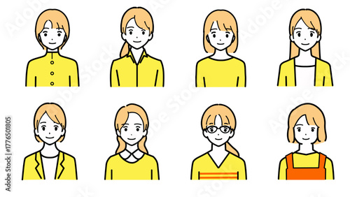 若い女性の笑顔のアバターのイラストセット