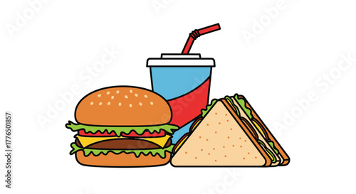 Colorful cartoon illustration depicting a burger sandwich and soda drink