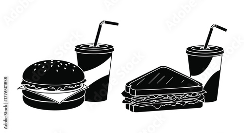 Simple black and white illustration of a fast food meal combo