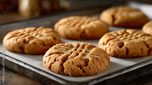 Freshly baked cookies on a tray, warm and inviting.