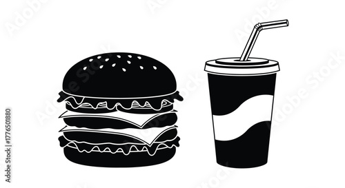 A simple black and white illustration of a burger and a drink
