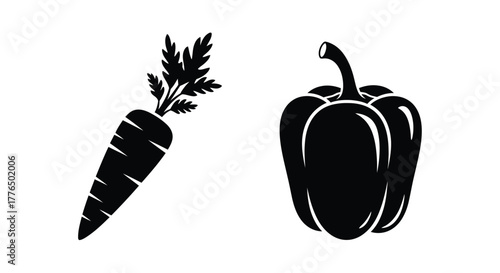 Simple black and white illustration of a carrot and a bell pepper
