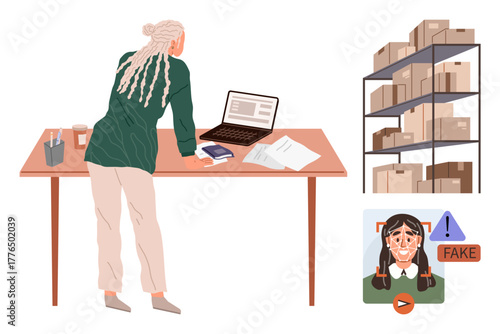 Woman leaning on desk, examining fake product alert on laptop screen, surrounded by documents, passport. Storage shelves in background. Ideal for fraud prevention, investigation, product