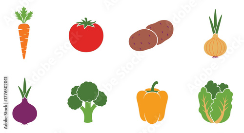 A colorful collection of fresh vegetables arranged in a simple flat design