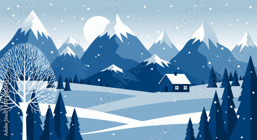 Serene Winter Landscape Illustration Snow-Covered Mountains, Evergreen Forest, and a Cozy Cabin Under a Tranquil Sky