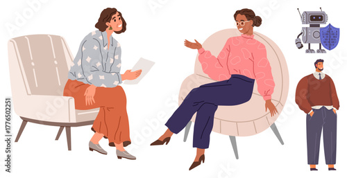 Women engaged in conversation seated on modern chairs. Additional smaller illustrations include a robot with a shield, and a casually dressed man. Ideal for teamwork, innovation, diversity