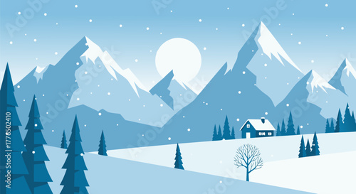 Breathtaking serene winter mountain landscape featuring snow-capped peaks, evergreen trees, a cozy cabin, and gently falling snowflakes under a crisp sky