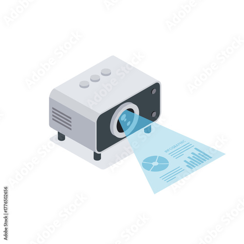 Isometric projector displaying infographic with charts and graphs
