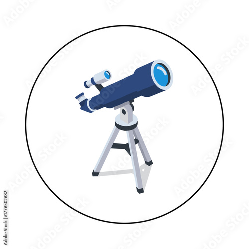 Isometric telescope on tripod surrounded by minimalistic circle background