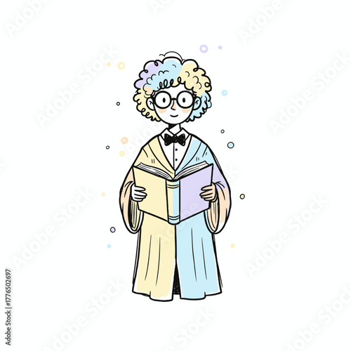 Cute wizard character in pastel colors reading a book in doodle style