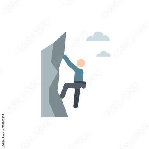 Minimalistic rock climbing icon with flat design and clouds