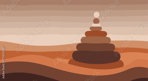 Minimalist abstract desert landscape with stacked circular shapes evoking balance and tranquility