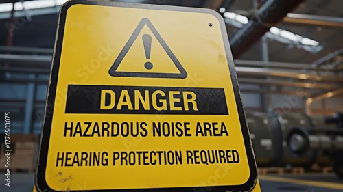 Safety warning sign for industrial noise pollution.