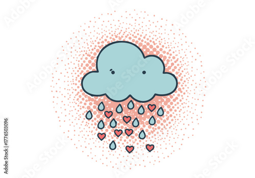 Charming stylized cloud showering hearts with a retro dot pattern background