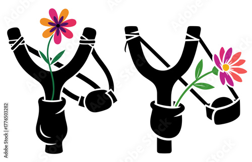 Set of 2 color slingshots with flowers icon for anti-violence and peace