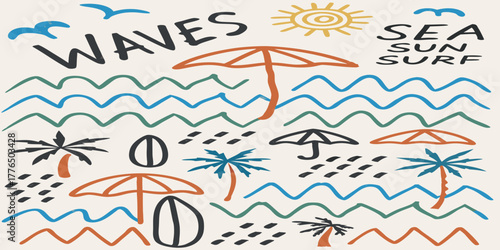 Whimsical hand drawn beach scene with waves sun surf palm trees and umbrellas