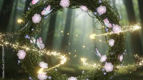 Magical Forest Wreath with Glowing Butterflies and Light Particles.