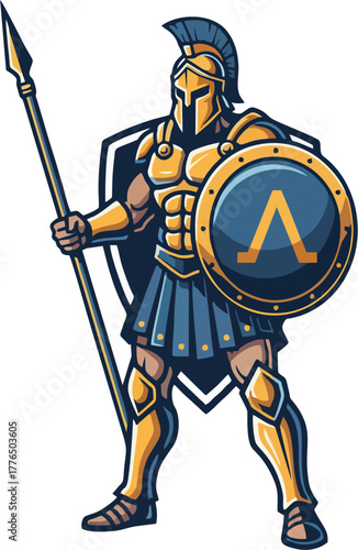 Spartan Warrior Mascot Vector Illustration – Gold Armor, Blue Lambda Shield, Helmet Crest, and Spear, Ancient Greek Hoplite Hero