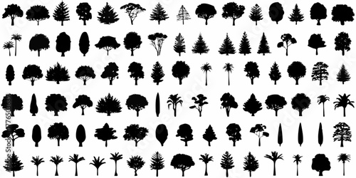 Collection of diverse black silhouette tree illustrations on a white background
