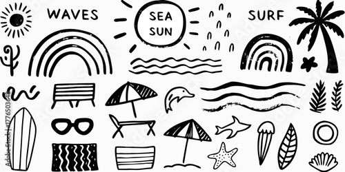Hand drawn black and white summer beach vacation elements collection with sun waves surf and palm tree