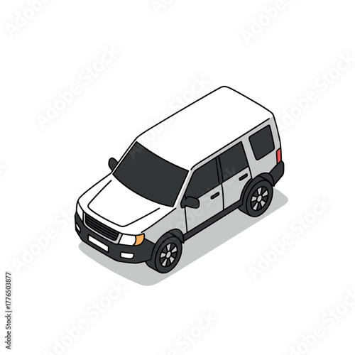 Isometric white suv illustration with clean lines and minimalist design