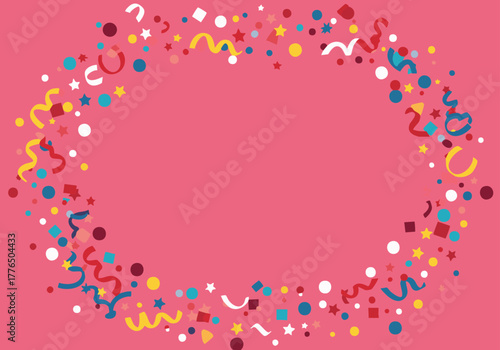 Vibrant celebratory confetti and streamer border on a festive pink backdrop creating an oval frame for joyous occasions