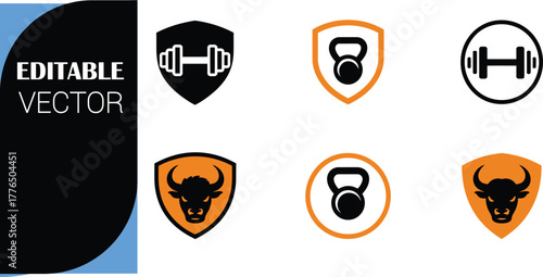 Fitness and gym icon set with bull emblem Keywords: fitness, gym, exercise, workout