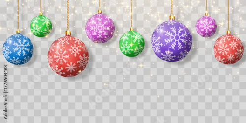 Vector Christmas balls with magical light dust isolated on transparent background. Christmas toys, balls png