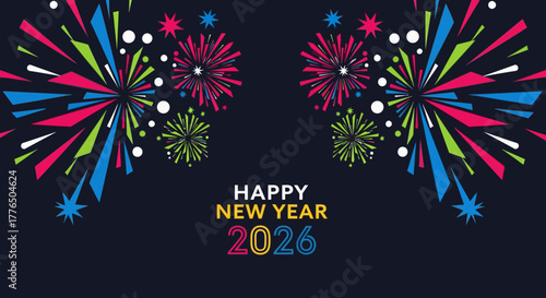 Vibrant Happy New Year 2026 celebration with colorful fireworks and stars, perfect for festive greetings and holiday promotions, inspiring joy and excitement