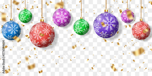 Vector Christmas balls with golden bright confetti isolated on transparent background. Christmas toys, balls png