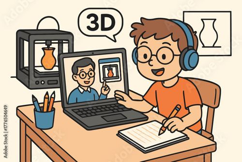 Young boy learning 3d printing and design online with headphones and laptop