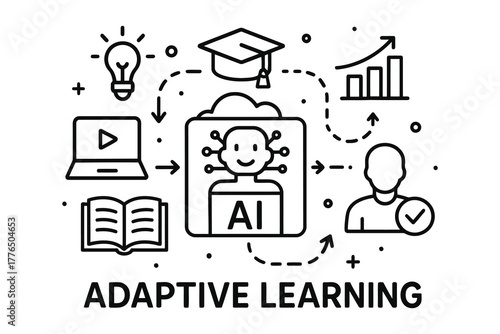 Artificial intelligence adaptive learning concept with education and technology icons