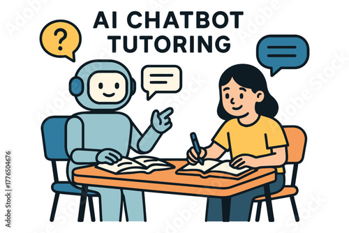 Student learning from friendly ai chatbot tutor at a desk with books