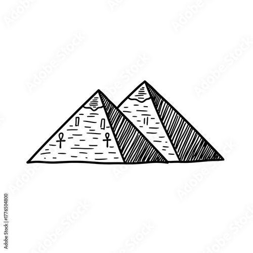 Hand drawn pyramids with egyptian symbols on white background